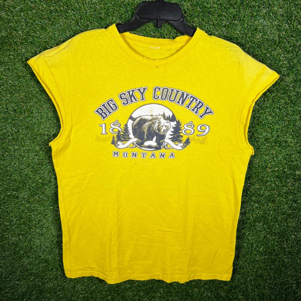 Vintage Big Sky Country Montana 1889 Grizzly Bear Muscle Tee‎ Yellow Mens L
